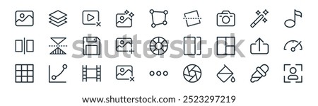 linear ui photo and video edit icon pack. vector thin line pipette, layered, delete, magic wand, add photo, speedometer, dots, mode portrait icons suitable for apps and websites ui designs