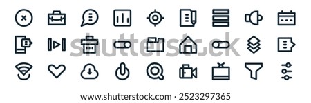 linear ui tools icon pack. vector thin line filter, work, chat bubble, speaker, toggle button, conversations, searching, filtering icons suitable for apps and websites ui designs