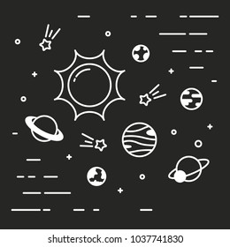 Linear universe with planets linear simple minimalistic style black background