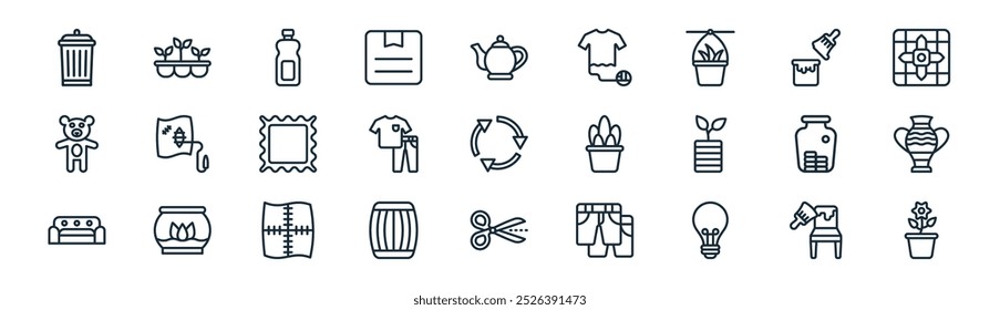 linear upcycling icon pack. vector thin line repainting, tray, bottle, painting, clothes, vase, cutting, flower pot icons suitable for apps and websites ui designs