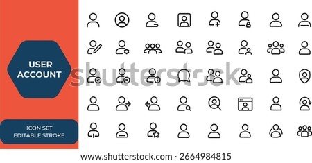 Linear User Account Icon Set for Web. Editable stroke collection of profile, avatar, username, login, password, access, add friend, connect, user profile, and more linear icons and more.