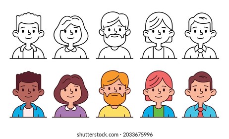 Linear user avatars collection. Linear cartoon portraits of the team set