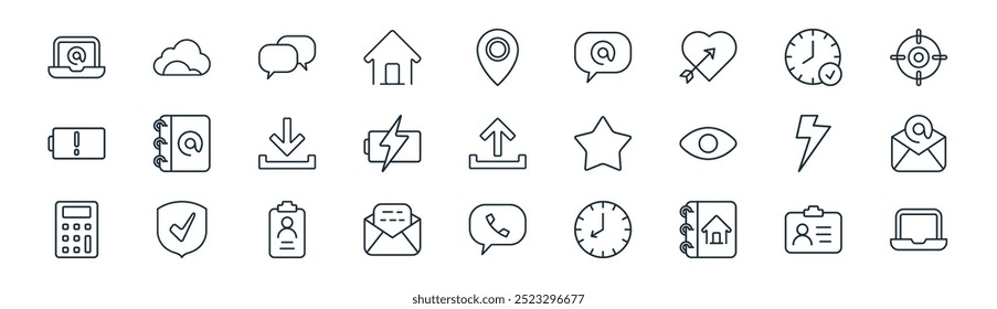 linear user interface icon pack. vector thin line id card, cloud, chat, on time, charge, email, messenger, laptop computer icons suitable for apps and websites ui designs