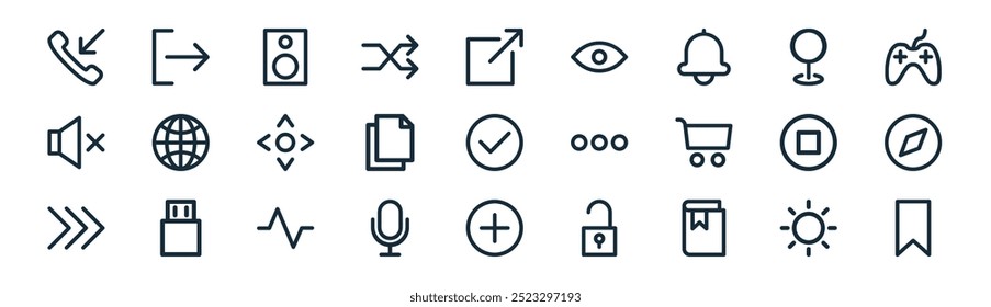 interface de usuário linear ícone pack. vetor linha fina brilho, log-out, som, pin map, duplicar, navegador, mais, salvar ícones adequados para aplicativos e sites projetos de iu