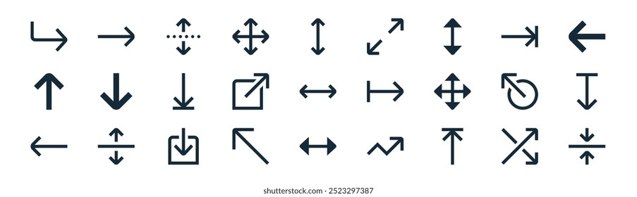 linear user interface icon pack. vector thin line cross, right, dotted line, right arrow, up right, down arrow, left up down icons suitable for apps and websites ui designs