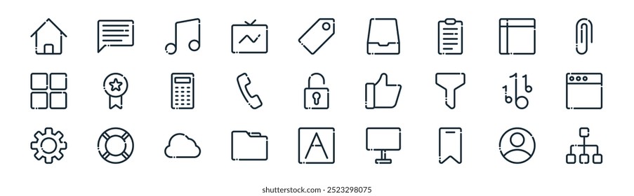 linear user interface icon pack. vector thin line user, bubble chat, music note, data table, phone call, browser, text, hierarchy icons suitable for apps and websites ui designs