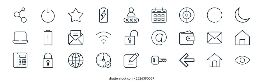 linear user interface icon pack. vector thin line home, shut down, star, loading, wifi, house, write, eye icons suitable for apps and websites ui designs