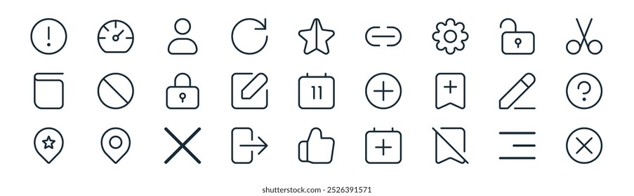 linear user interface icon pack. vector thin line menu bar, dashboard, user, open lock, edit, question mark, thumb up, cross icons suitable for apps and websites ui designs