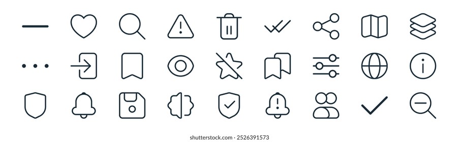 linear user interface icon pack. vector thin line check, heart, search, map, eye, info, shield, zoom out icons suitable for apps and websites ui designs