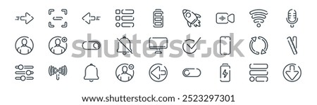 linear user interface icon pack. vector thin line option, scan, left arrow, wifi, notification bell, ruler, left arrow, arrow down icons suitable for apps and websites ui designs