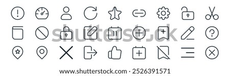 linear user interface icon pack. vector thin line menu bar, dashboard, user, open lock, edit, question mark, thumb up, cross icons suitable for apps and websites ui designs