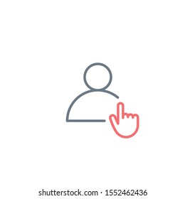 Linear user profile Icon with hand clicking for Design and Websites, Presentation or Mobile Apps, Editable stroke. Stock Vector illustration isolated on white background.
