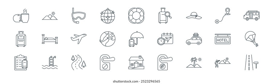 linear vacation and tour icon pack. vector thin line adventure, morning, face mask, tracker, aeroplane, skydiving, bulding, route icons suitable for apps and websites ui designs