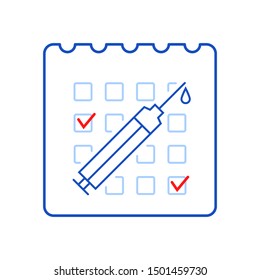 linear vaccination calendar. concept reminder regular immunization for apps, mobile, web sites. time to visit doctor for disease prevention. blue thin line design. laboratory clinical test marks