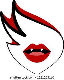 Linear vampire halloween female face with black and red hair, red lips, white fangs, vector graphics, vector illustration