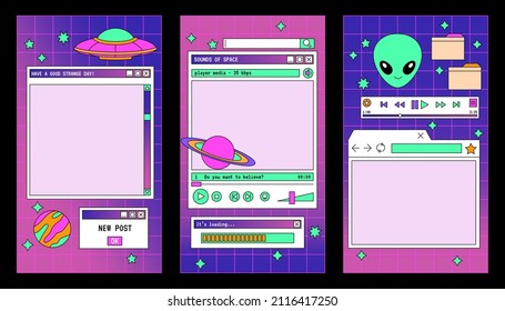 Linear vaporwave Ig stories templates. Social media set design. Abstract retro aesthetic groovy backgrounds pack 80s, 90s style. UFO, Alien, Space, stars, planets. Retro PC windows interface