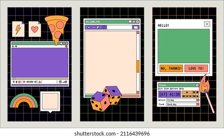 Linear vaporwave Ig stories templates. Social media set design. Abstract retro aesthetic fun groovy backgrounds pack 70s, 80s, 90s style. Retro PC windows interface. Comic illustrations