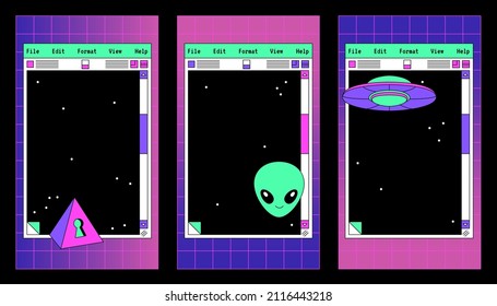 Linear vaporwave Ig stories templates. Social media set design. Abstract retro aesthetic groovy backgrounds pack 70s, 80s, 90s style. Retro PC Notepad windows interface. UFO, alien, space, cosmos