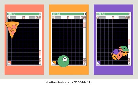 Linear vaporwave Ig stories templates. Social media set design. Abstract retro aesthetic groovy backgrounds pack 70s, 80s, 90s style. Retro PC Notepad windows interface. Comic illustrations