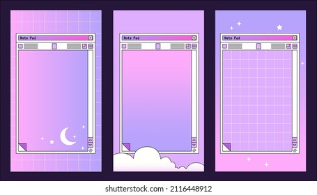 Linear vaporwave Ig stories templates. Social media set design. Abstract retro aesthetic art pack 80s, 90s style. Retro PC Notepad windows interface. Japanese nostalgic dream backgrounds.