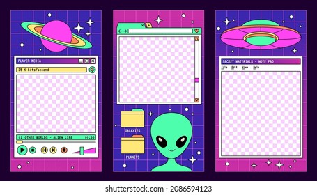 Linear Vaporwave Instagram Stories Templates. Social Media Set Design. Abstract Retro Aesthetic Groovy Backgrounds Pack 80s, 90s Style. Alien, Space Ship, Ufo Set Of Vector Objects And Design Elements