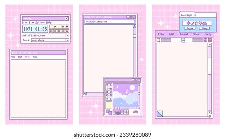 Linear vaporwave stories template. Social media set design. Abstract retro aesthetic cute kawaii backgrounds pack 70s, 80s, 90s. Girly y2k style.