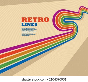 Linear vector abstract background in all colors of rainbow, retro style lines in 3D dimensional perspective, vintage poster art.