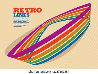 Linear vector abstract background in all colors of rainbow, retro style lines in 3D dimensional perspective, vintage poster art.