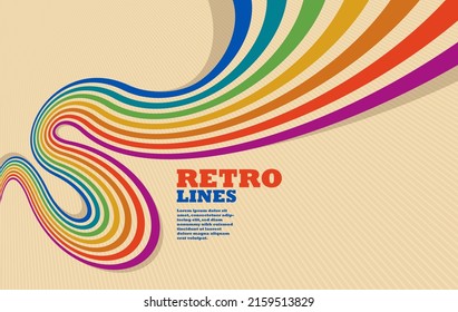 Linear vector abstract background in all colors of rainbow, retro style lines in 3D dimensional perspective, vintage poster art.