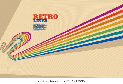 Linear vector abstract background in all colors of rainbow, retro style lines in 3D dimensional perspective, vintage poster art.