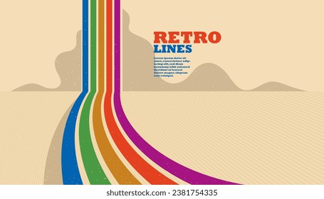 Linear vector abstract background in all colors of rainbow, retro style lines in 3D dimensional perspective, vintage poster art.