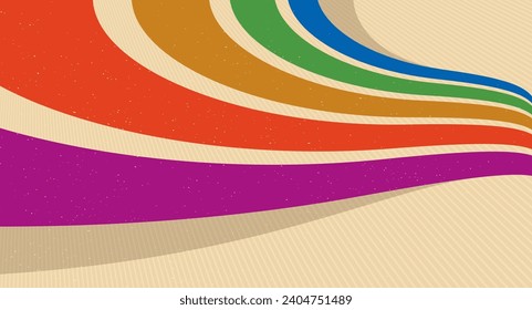 Linear vector abstract background in all colors of rainbow, retro style lines in 3D dimensional perspective, vintage poster art.