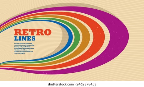 Linear vector abstract background in all colors of rainbow, retro style lines in 3D dimensional perspective, vintage poster art.