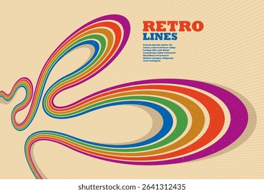 Linear vector abstract background in all colors of rainbow, retro style lines in 3D dimensional perspective, vintage poster art.
