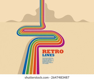 Linear vector abstract background in all colors of rainbow, retro style lines in 3D dimensional perspective, vintage poster art.