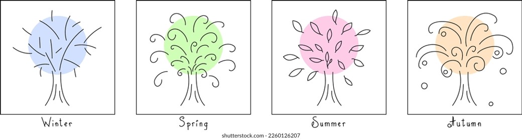 Linear vector abstract trees of the seasons, winter, spring, summer and autumn. Minimalistic set, paintings, nature background.