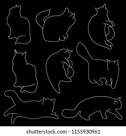 Linear vector art: cat silhouettes on black isolated background. Different poses: sitting, lying, resting, playing, hunting.