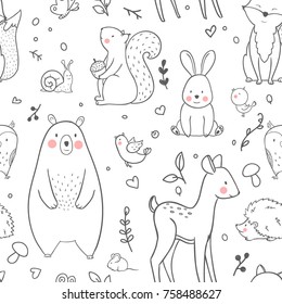The linear vector baby cute pattern, forest animals