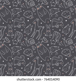 The linear vector baby cute pattern, forest animals.  cute pattern on dark background