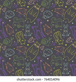 The linear vector baby cute pattern, forest animals. bright cute pattern on dark background