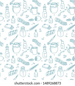  Linear Vector background "flu." Thin Line Contour Symbols without color. Sickness Medical Treatment Outline, Illustrations for wallpaper, fabric print.