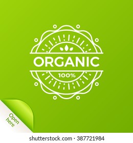 Linear vector badge with 100 Percent Organic text. Open Here element for food packaging
