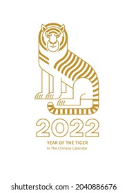 Linear vector banner, poster, card, logo element, line art gold illustration of the Tiger Zodiac sign, Symbol of 2022 on the Chinese Lunar calendar, isolated. Blue Water Tiger, Chine Calendar.