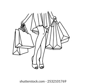 Vetor linear ilustração preto e branco com uma mulher e sacos de compras da venda Black Friday.