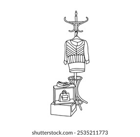 Linear vector black and white illustration with a mannequin in women's clothing, black Friday, sale.