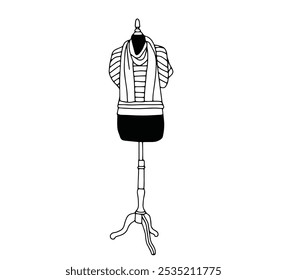 Linear vector black and white illustration with a mannequin in women's clothing, black Friday, sale.