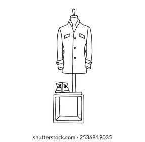 Linear vector black and white illustration with a mannequin in men's clothing, black Friday, sale.