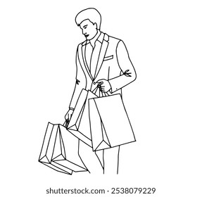 Linear vector black and white illustration with a man and shopping bags from the Black Friday sale.
