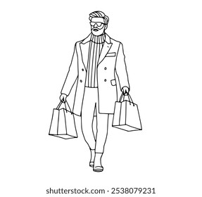 Linear vector black and white illustration with a man and shopping bags from the Black Friday sale.