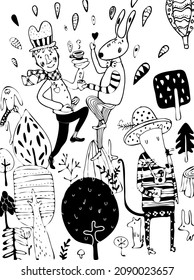 Linear vector black and white stylized image of trees, trees, animals and cartoon characters